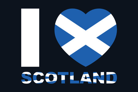I love Scotland Word with heart shape, Flag of Scotland national country symbol illustration Vector, Rectangle Scotland flag illustration, Flat vector illustrationのイラスト素材
