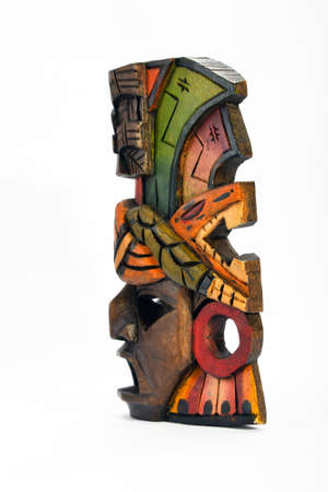 Indian Mayan Aztec wooden mask with anaconda and jaguar isolated on white backgroundの写真素材