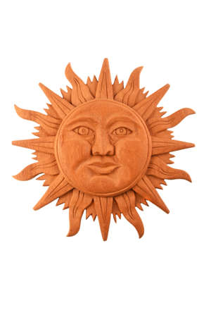Mexican traditional Mayan culture wooden carved sun symbol plate isolated on whiteの写真素材