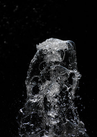 Fountain transparent water stream, splash and drops in motion over black background