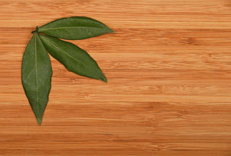 Group of three bay laurel leaves in corner of bamboo wooden chopping board backgroundの写真素材