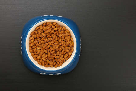 Brown dry cat food portio in blue and white ceramic bowl with cat word on black floor, close up, top view, personal perspectiveの写真素材