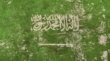 Old grunge vintage dirty faded shabby distressed Kingdom of Saudi Arabia, KSA green flag backgroundの写真素材