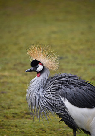 Close up side profile portrait of African black crowned crane (Balearica pavonina) over green grass...
