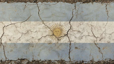 Old grunge vintage dirty faded shabby distressed Argentina or officially the Argentine Republic flag with Sun of May (Sol de Mayo) background on broken concrete wall with cracksの写真素材
