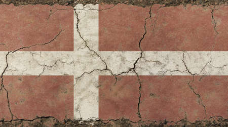 Old grunge vintage dirty faded shabby distressed Danish (Denmark) national flag background on broken concrete wall with cracksの写真素材