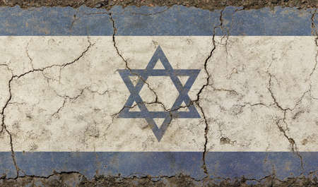 Old grunge vintage dirty faded shabby distressed Israel flag of white background with blue Star of Judah (Magen David) on broken concrete wall with cracksの写真素材