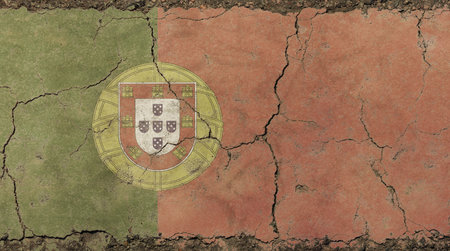 Old grunge vintage dirty faded shabby distressed Portugal (Portuguese Republic, Republica Portuguesa) national flag with coat of arms background on broken concrete wall with cracks