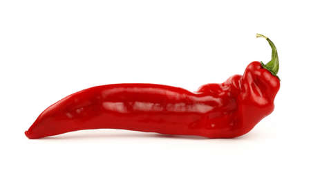 One whole fresh red sweet paprika pepper isolated on white background, close up, side low angle viewの写真素材