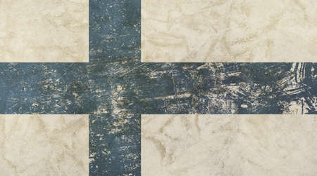 Old grunge vintage dirty faded shabby distressed Finnish (Republic of Finland) national flag with blue cross over white backgroundの写真素材