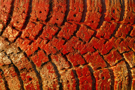 Old vivid red painted truck wheel tire tread grunge background texture close upの写真素材