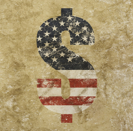 American dollar icon sign with US flag over distressed shabby grunge background