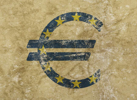 Euro icon sign with blue EU flag over distressed shabby grunge backgroundの写真素材