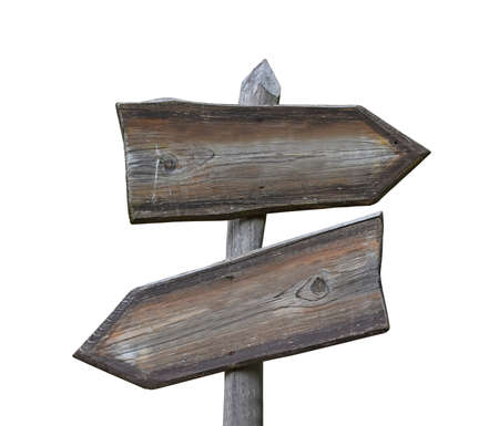 Old vintage road signpost with two wooden planks blank copy space arrows different directions, left down and right, isolated on white, low angle side viewの写真素材