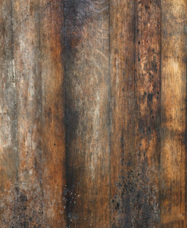 Vintage brown barrel wooden planks background texture with scratches and black stains over wood grain of old aged oak barrel bottom, close upの写真素材