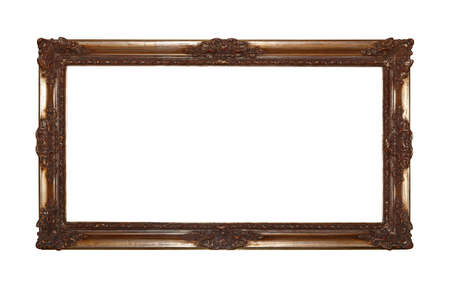 Antique old baroque ornate wooden classic dark golden painted horizontal rectangular frame for picture, or mirror, isolated on white background, close upの写真素材