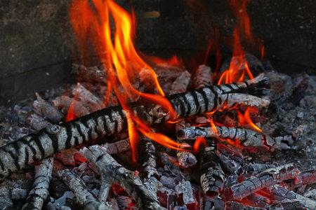 Blaze of bonfire, wood fire flame heat spires burning in fireplace with smoke close up