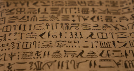 Close up background of ancient Egyptian hieroglyphs written on brown parchment paper, low angle...