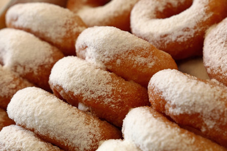 Close up many fresh ring donuts with sugar powder in retail display box, high angle side view