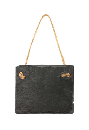 Close up of rectangle shape big black slate stone chalkboard sign hanging on jute rope twine isolated on white backgroundの写真素材