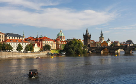 High angle view of Prague old town and Charles Bridge over Vltava river sunny day