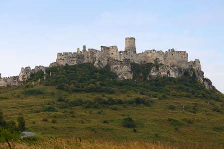 Low angle view of Spissky hrad or Spis Castle ruins in Slovakia, one of the largest castle sites in Central Europe, built in 12th century, summer dayの写真素材