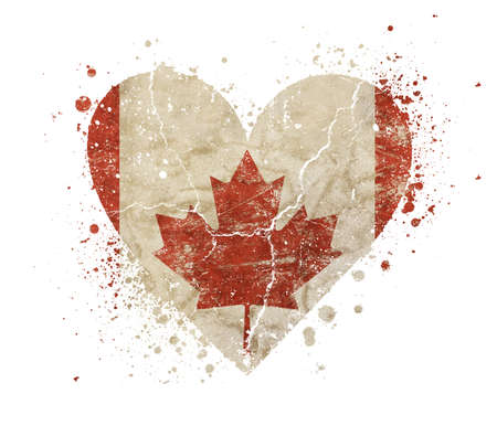 Heart shaped old grunge vintage dirty faded shabby distressed Canadian Canada flag with red maple leaf and bang splash isolated on white backgroundの写真素材