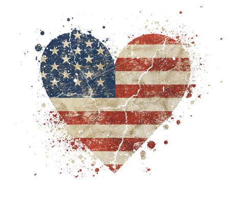 Heart shaped old grunge vintage dirty faded shabby distressed American US national flag with bang splash isolated on white backgroundの写真素材