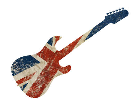 One guitar shaped old grunge vintage dirty faded shabby distressed UK Great Britain national flag isolated on white backgroundの写真素材
