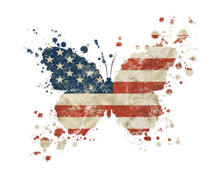 Butterfly shaped old grunge vintage dirty faded shabby distressed American US national flag with paint drops splattered isolated on white backgroundの写真素材
