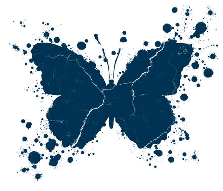 Blue grunge butterfly shape with drops of paint blobs splattered around isolated on white backgroundの写真素材