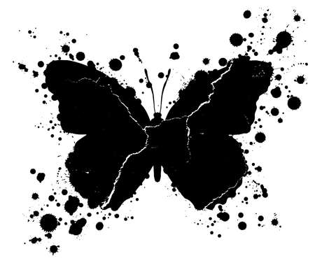 Black grunge butterfly shape with drops of paint blobs splattered around isolated on white background.のイラスト素材