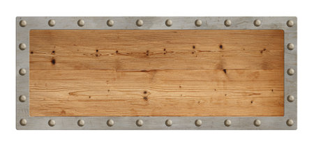 Old blank empty rectangle shape vintage brown wooden sign with metal border and studs isolated on...