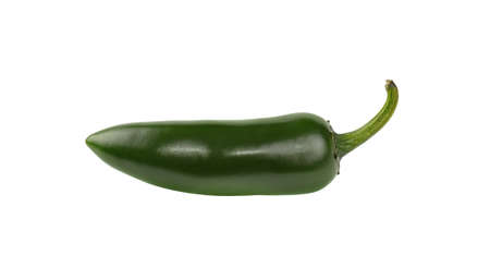Close up one fresh green jalapeno hot chili pepper isolated on white background, low angle side viewの写真素材