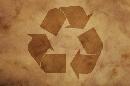 Old vintage grunge brown paper parchment background texture with dark stains and recycling logo icon