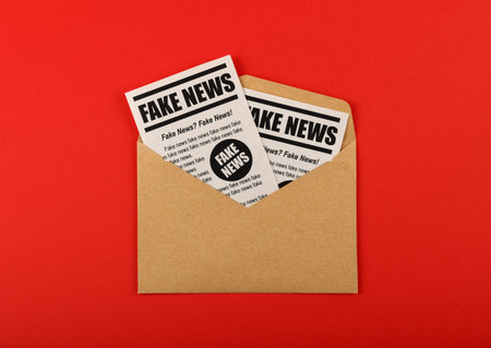Close up brown paper mail envelope with FAKE NEWS newspapers over red background with copy space,...