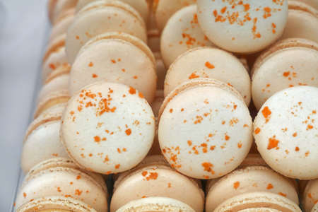 Fresh baked white and beige macaroon pastry cookies (macarons, macaroni) in retail store display, close up, low angle viewの写真素材