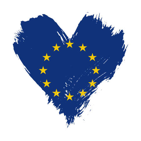 Grunge brushstroke painted illustration of heart shaped distressed European Union EU flag isolated on white backgroundの写真素材