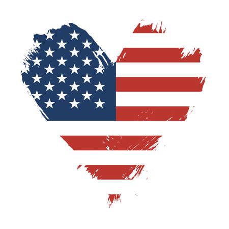 Grunge brushstroke painted illustration of heart shaped distressed USA American flag isolated on white backgroundの写真素材