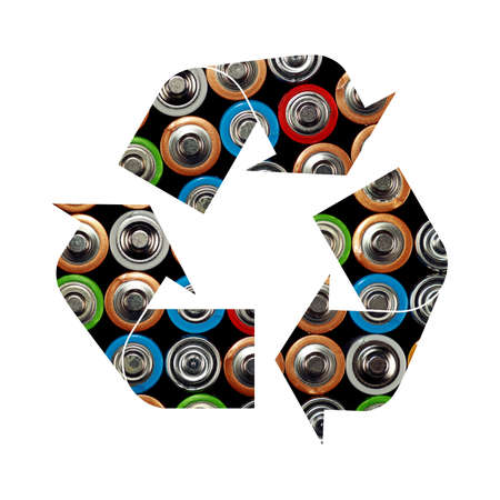 Illustration of recycling symbol of assorted alkaline batteries isolated on white backgroundの写真素材