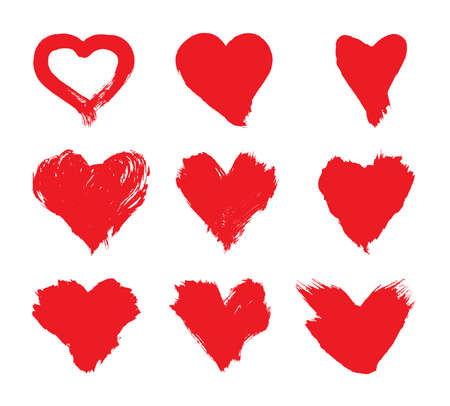 Set of vector illustrations of grunge brushstroke painted red heart shapes isolated on white backgroundのイラスト素材