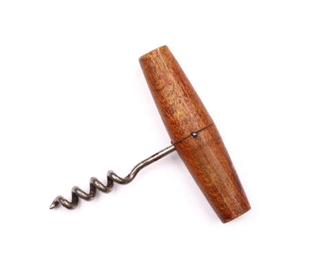 One old vintage wooden wine corkscrew bottle opener isolated on white background, elevated top view, directly aboveの写真素材