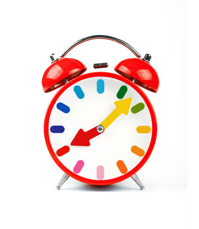 Close up one vivid red retro alarm clock with twin metal bells isolated on white background, low...