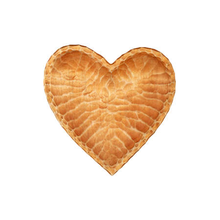 Close up one brown unpainted natural wooden carved heart shaped empty bowl isolated on white backgroundの写真素材