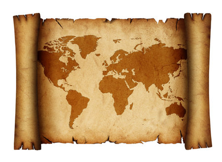 Close up one blank old antique vintage brown paper parchment scroll with world map draing isolated...