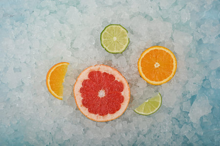 Close up fresh juicy citrus fruits slices, pink grapefruit, orange and green lime, over background...