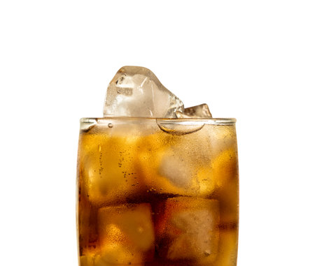 Close up one big high glass of cold cola soft drink with ice cubes isolated on white background, low...