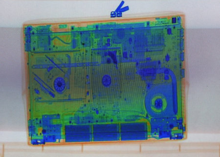 Close up baggage or carryon hand luggage bag on security control monitor