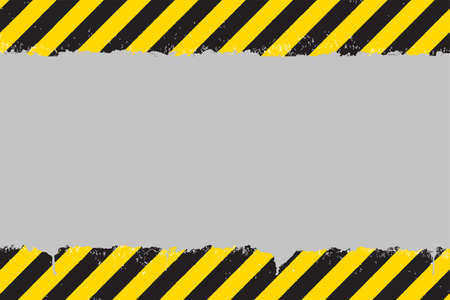 Yellow and black painted grunge hazard sign stripes over grey background with copy spaceのイラスト素材