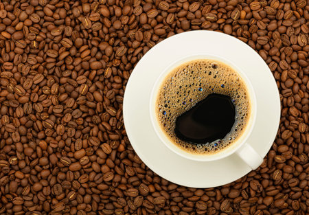 Close up white cup on saucer full of black coffee over background of roasted coffee beans, elevated...